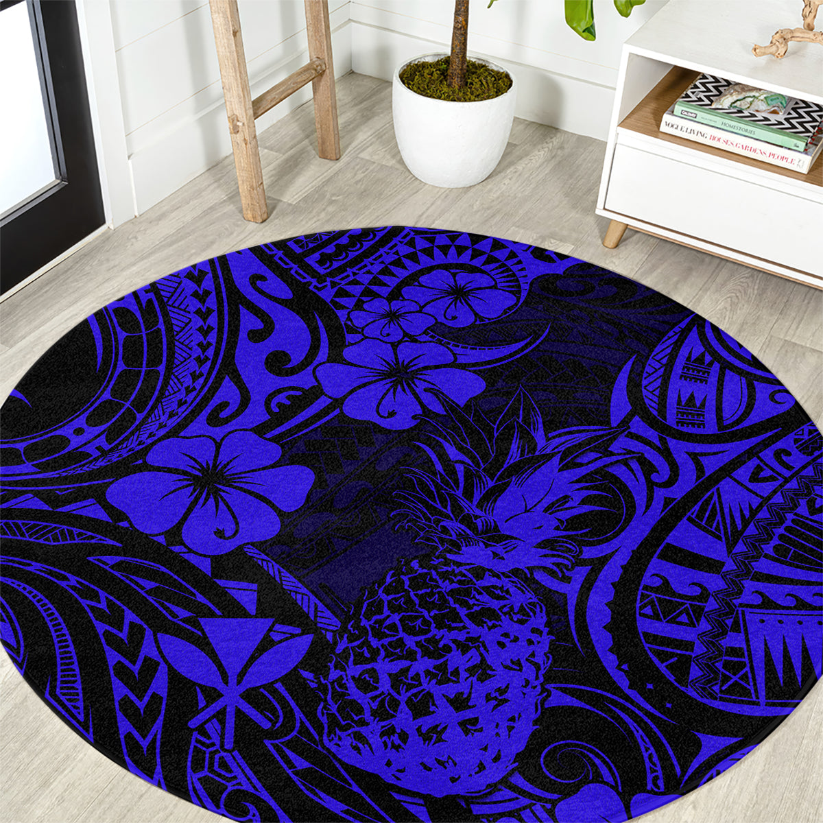 hawaii-pineapple-round-carpet-paradise-flowers-pacific-with-navy-blue-polynesian-tribal