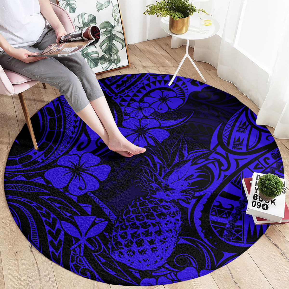 hawaii-pineapple-round-carpet-paradise-flowers-pacific-with-navy-blue-polynesian-tribal