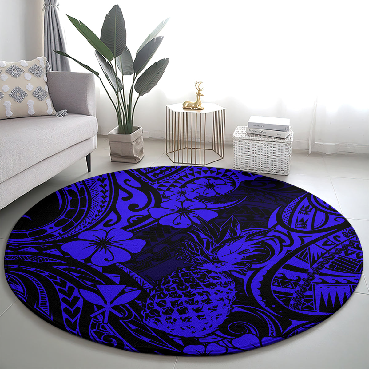 hawaii-pineapple-round-carpet-paradise-flowers-pacific-with-navy-blue-polynesian-tribal