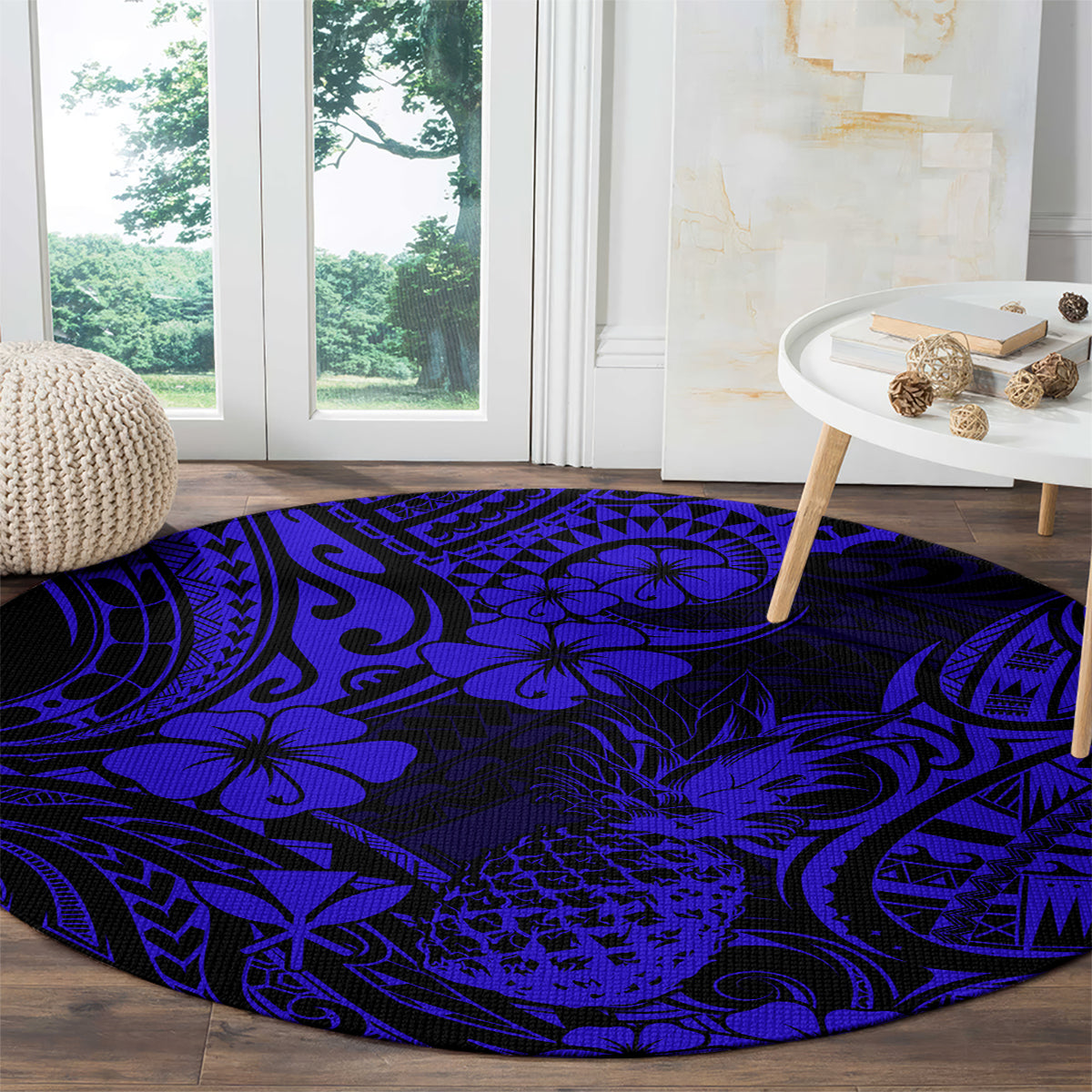 hawaii-pineapple-round-carpet-paradise-flowers-pacific-with-navy-blue-polynesian-tribal