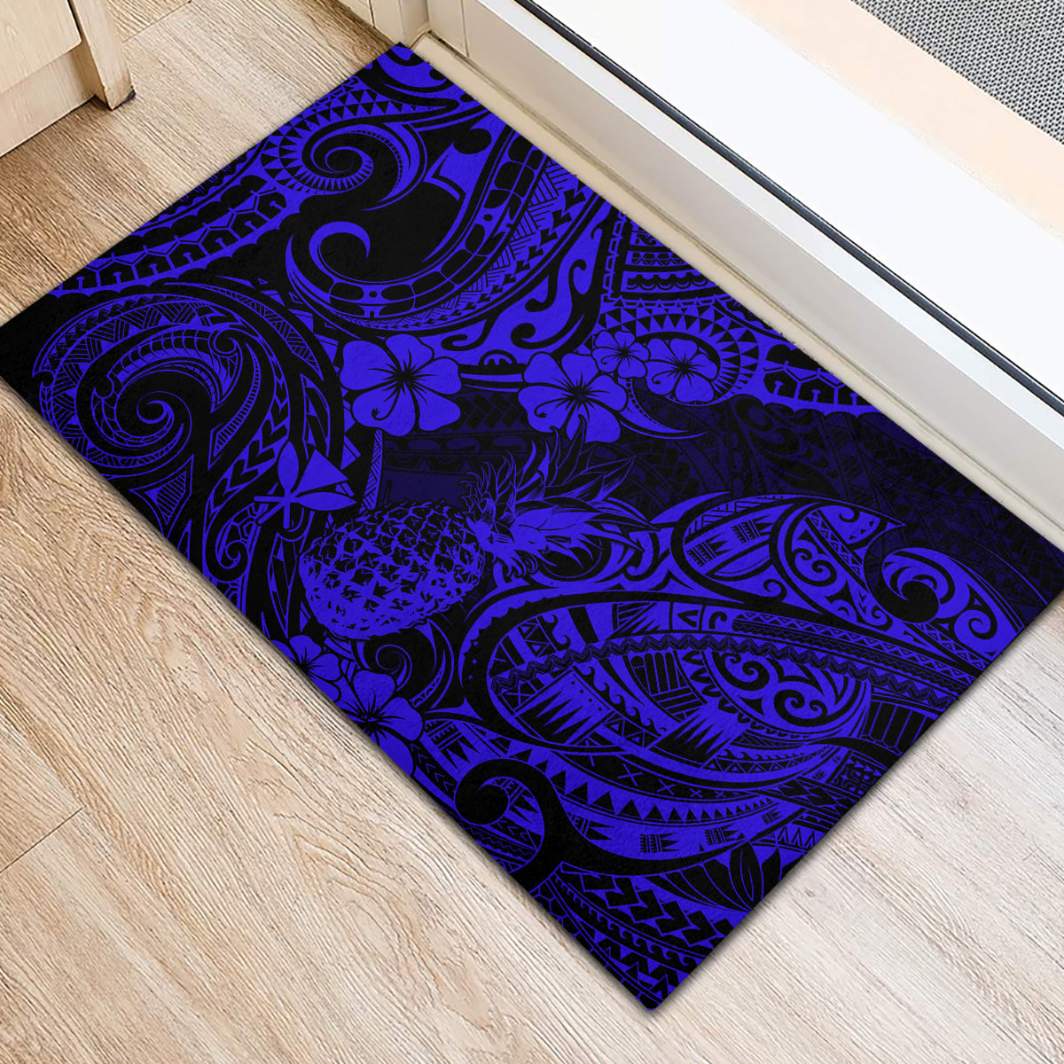 Hawaii Pineapple Rubber Doormat Paradise Flowers Pacific With Navy Blue Polynesian Tribal - Wonder Print Shop