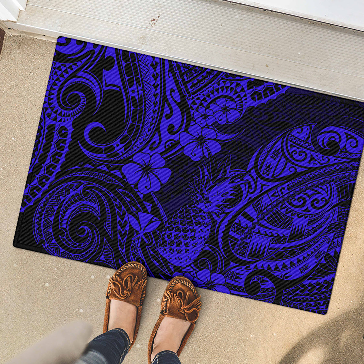Hawaii Pineapple Rubber Doormat Paradise Flowers Pacific With Navy Blue Polynesian Tribal - Wonder Print Shop