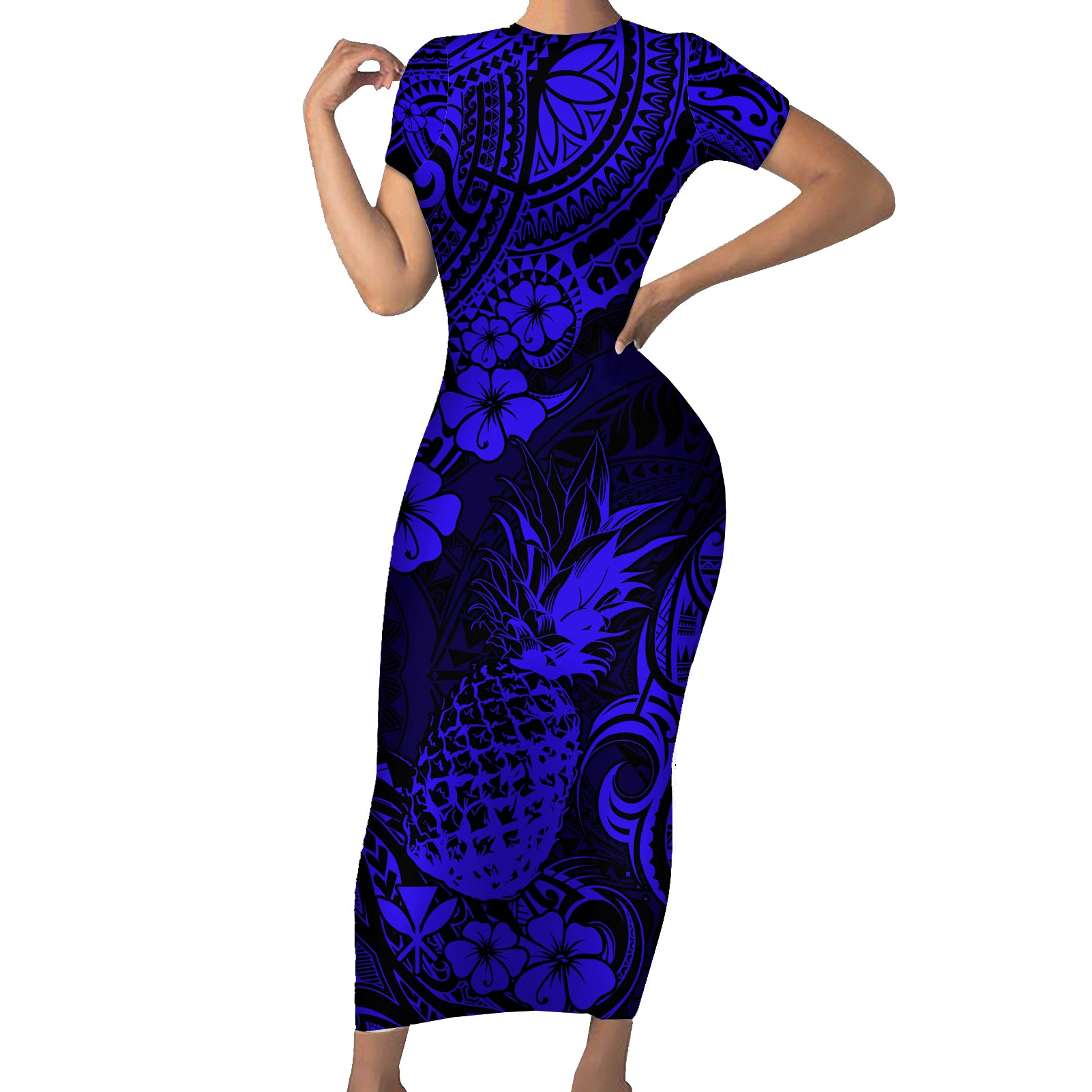 Hawaii Pineapple Short Sleeve Bodycon Dress Paradise Flowers Pacific With Navy Blue Polynesian Tribal - Wonder Print Shop