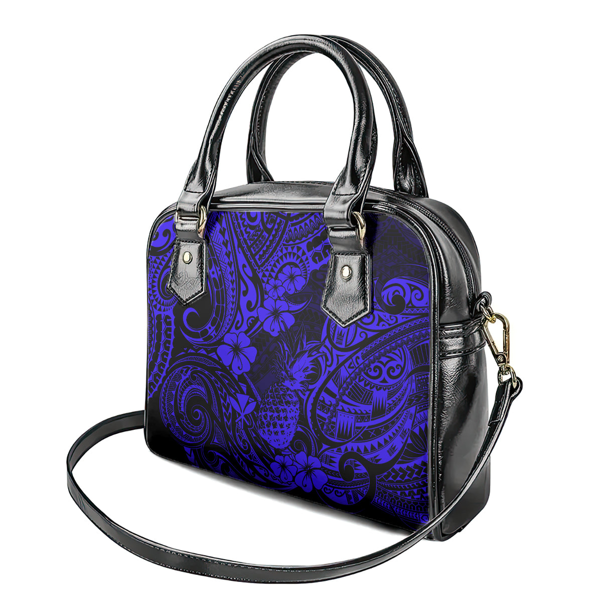 hawaii-pineapple-shoulder-handbag-paradise-flowers-pacific-with-navy-blue-polynesian-tribal