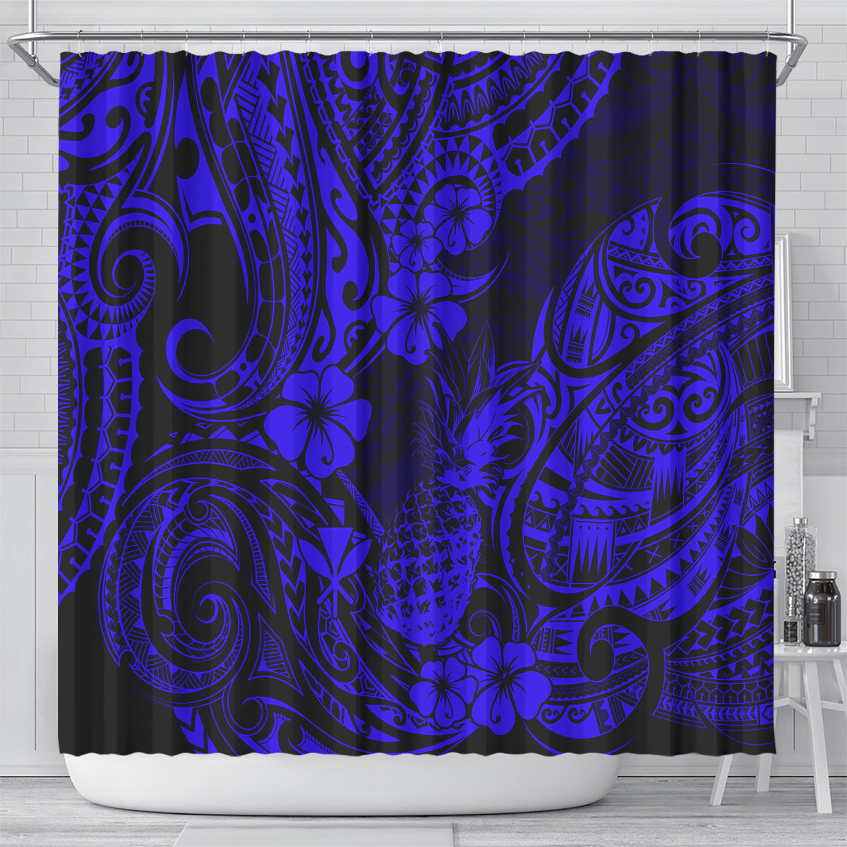 hawaii-pineapple-shower-curtain-paradise-flowers-pacific-with-navy-blue-polynesian-tribal