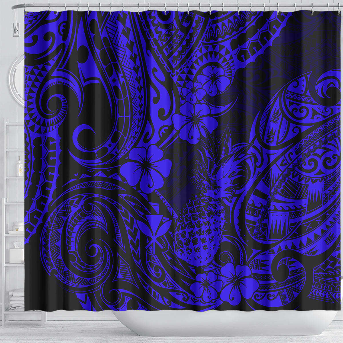 hawaii-pineapple-shower-curtain-paradise-flowers-pacific-with-navy-blue-polynesian-tribal