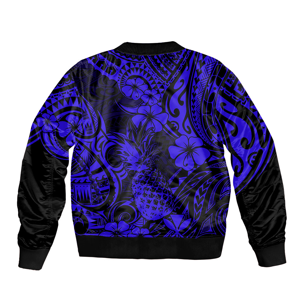 Hawaii Pineapple Sleeve Zip Bomber Jacket Paradise Flowers Pacific With Navy Blue Polynesian Tribal - Wonder Print Shop