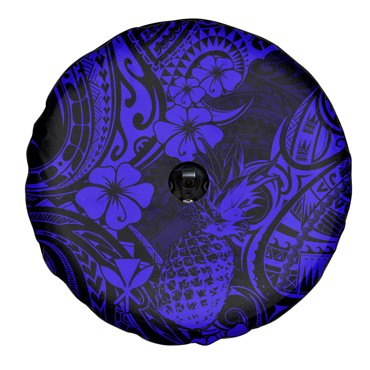 Hawaii Pineapple Spare Tire Cover Paradise Flowers Pacific With Navy Blue Polynesian Tribal - Wonder Print Shop