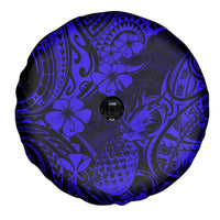 Hawaii Pineapple Spare Tire Cover Paradise Flowers Pacific With Navy Blue Polynesian Tribal - Wonder Print Shop