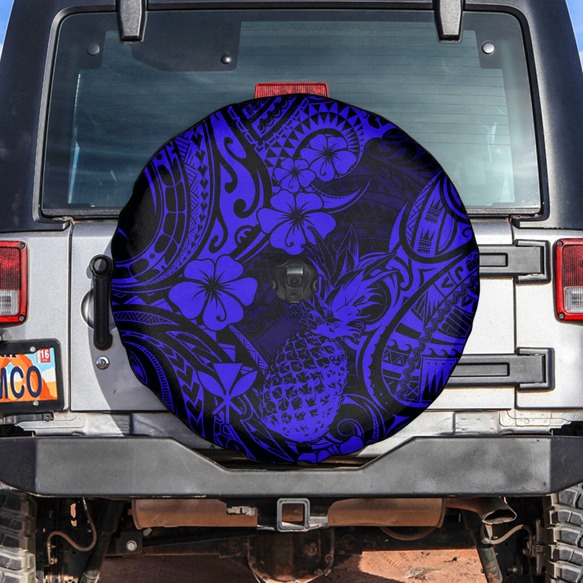 Hawaii Pineapple Spare Tire Cover Paradise Flowers Pacific With Navy Blue Polynesian Tribal - Wonder Print Shop