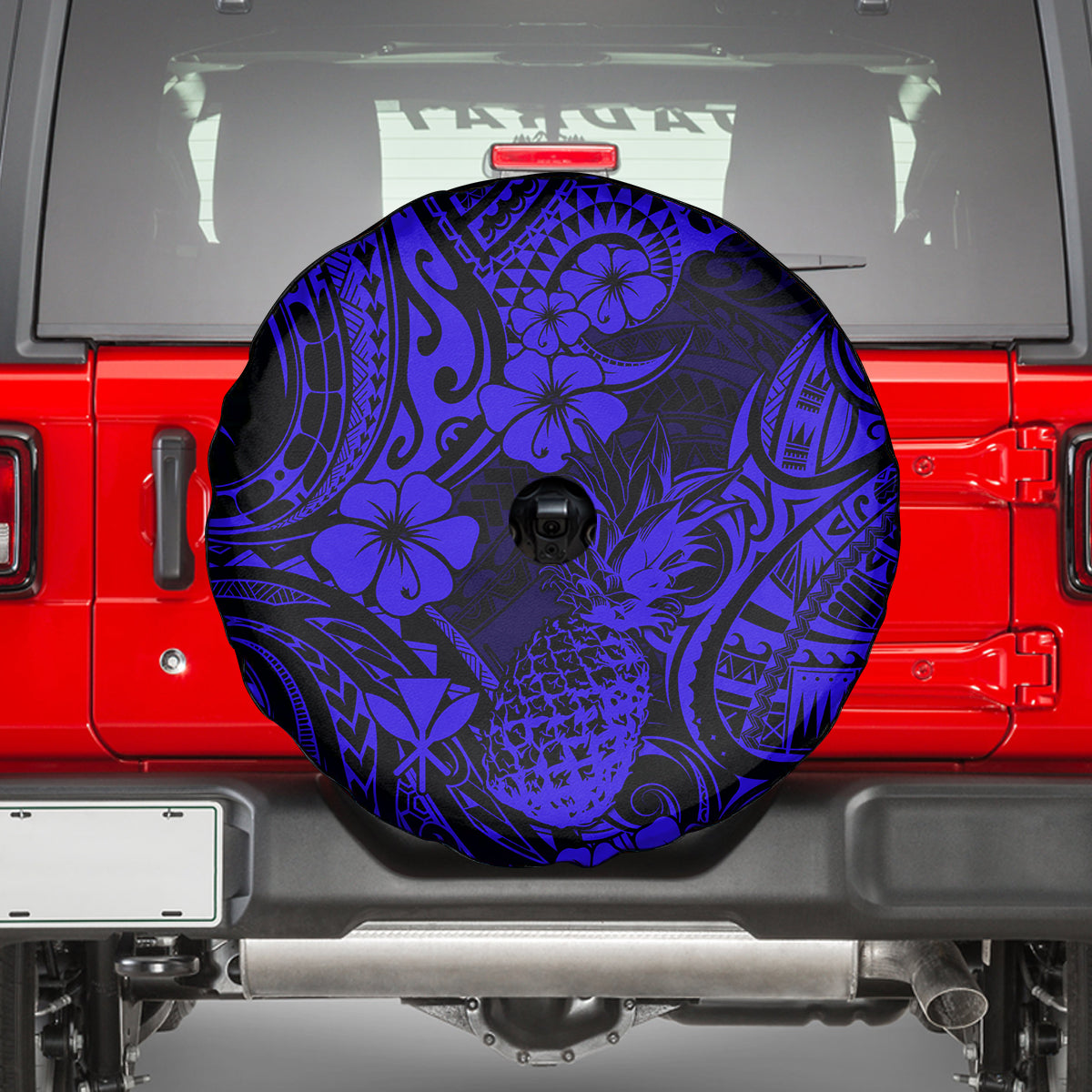 Hawaii Pineapple Spare Tire Cover Paradise Flowers Pacific With Navy Blue Polynesian Tribal - Wonder Print Shop