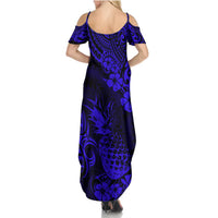 Hawaii Pineapple Summer Maxi Dress Paradise Flowers Pacific With Navy Blue Polynesian Tribal - Wonder Print Shop