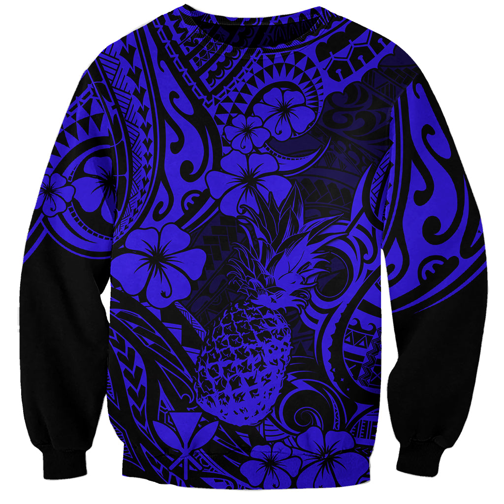 Hawaii Pineapple Sweatshirt Paradise Flowers Pacific With Navy Blue Polynesian Tribal - Wonder Print Shop