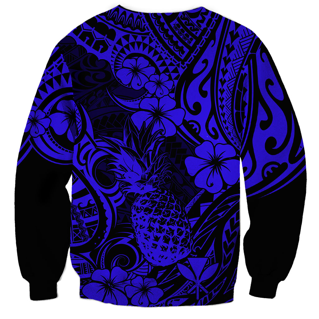 Hawaii Pineapple Sweatshirt Paradise Flowers Pacific With Navy Blue Polynesian Tribal - Wonder Print Shop
