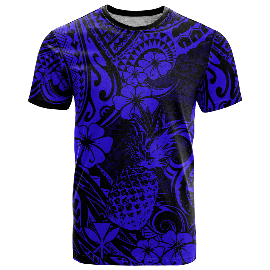Hawaii Pineapple T Shirt Paradise Flowers Pacific With Navy Blue Polynesian Tribal - Wonder Print Shop