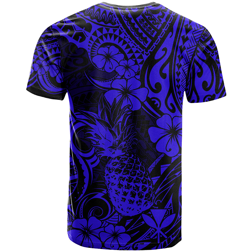 Hawaii Pineapple T Shirt Paradise Flowers Pacific With Navy Blue Polynesian Tribal - Wonder Print Shop