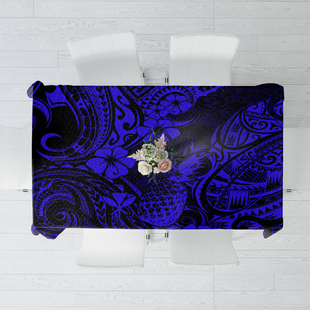 Hawaii Pineapple Tablecloth Paradise Flowers Pacific With Navy Blue Polynesian Tribal - Wonder Print Shop