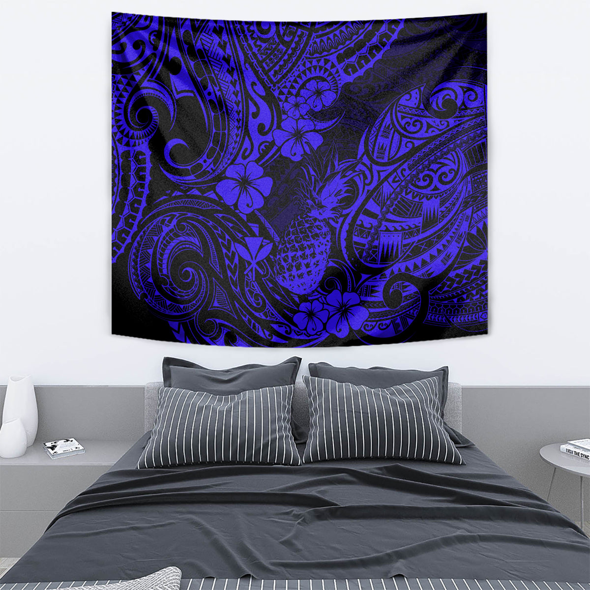 Hawaii Pineapple Tapestry Paradise Flowers Pacific With Navy Blue Polynesian Tribal - Wonder Print Shop