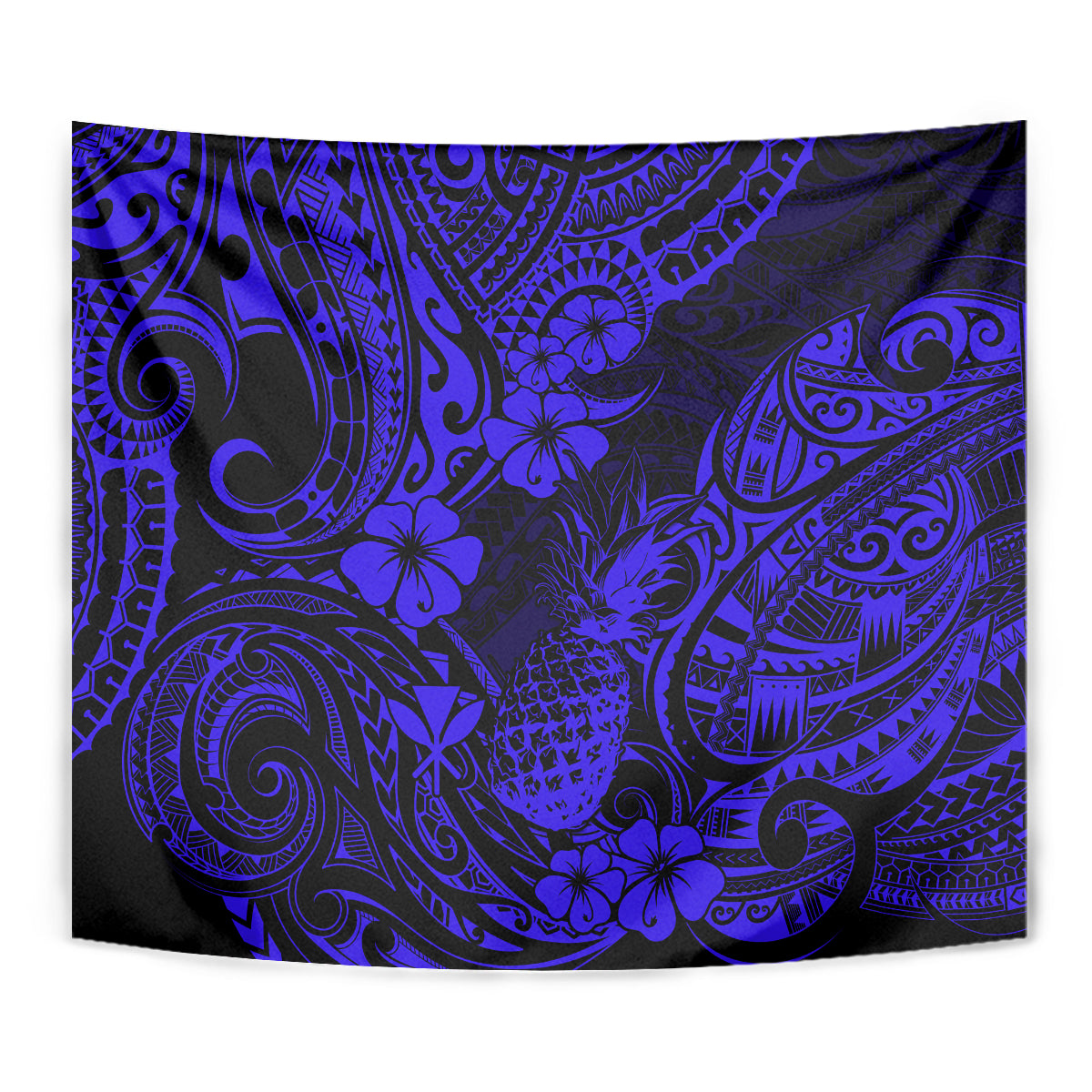 Hawaii Pineapple Tapestry Paradise Flowers Pacific With Navy Blue Polynesian Tribal - Wonder Print Shop