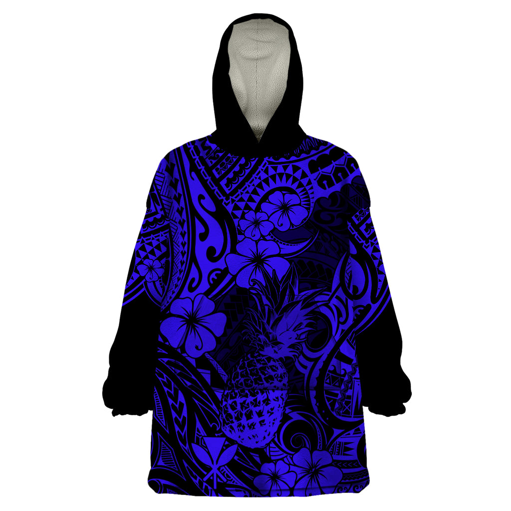 Hawaii Pineapple Wearable Blanket Hoodie Paradise Flowers Pacific With Navy Blue Polynesian Tribal - Wonder Print Shop