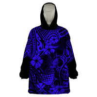 Hawaii Pineapple Wearable Blanket Hoodie Paradise Flowers Pacific With Navy Blue Polynesian Tribal - Wonder Print Shop