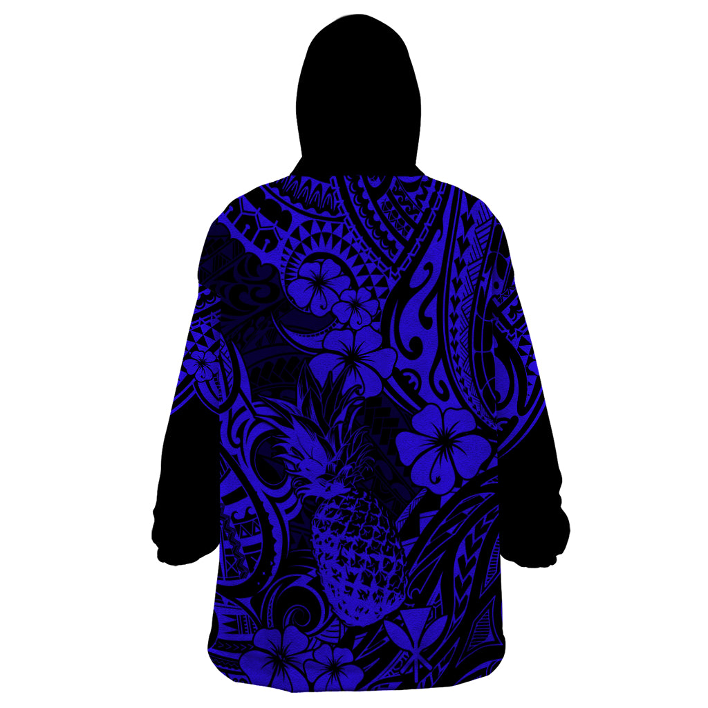 Hawaii Pineapple Wearable Blanket Hoodie Paradise Flowers Pacific With Navy Blue Polynesian Tribal - Wonder Print Shop