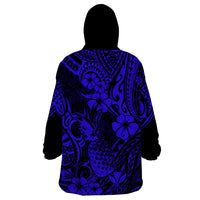 Hawaii Pineapple Wearable Blanket Hoodie Paradise Flowers Pacific With Navy Blue Polynesian Tribal - Wonder Print Shop