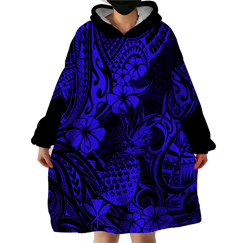 Hawaii Pineapple Wearable Blanket Hoodie Paradise Flowers Pacific With Navy Blue Polynesian Tribal - Wonder Print Shop
