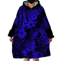Hawaii Pineapple Wearable Blanket Hoodie Paradise Flowers Pacific With Navy Blue Polynesian Tribal - Wonder Print Shop