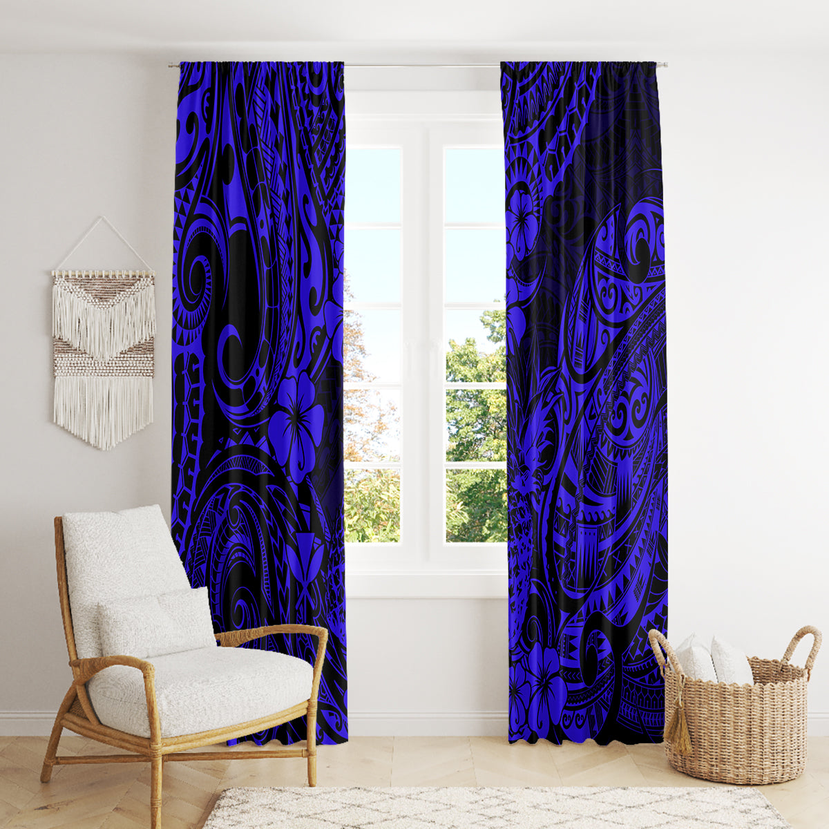 Hawaii Pineapple Window Curtain Paradise Flowers Pacific With Navy Blue Polynesian Tribal - Wonder Print Shop