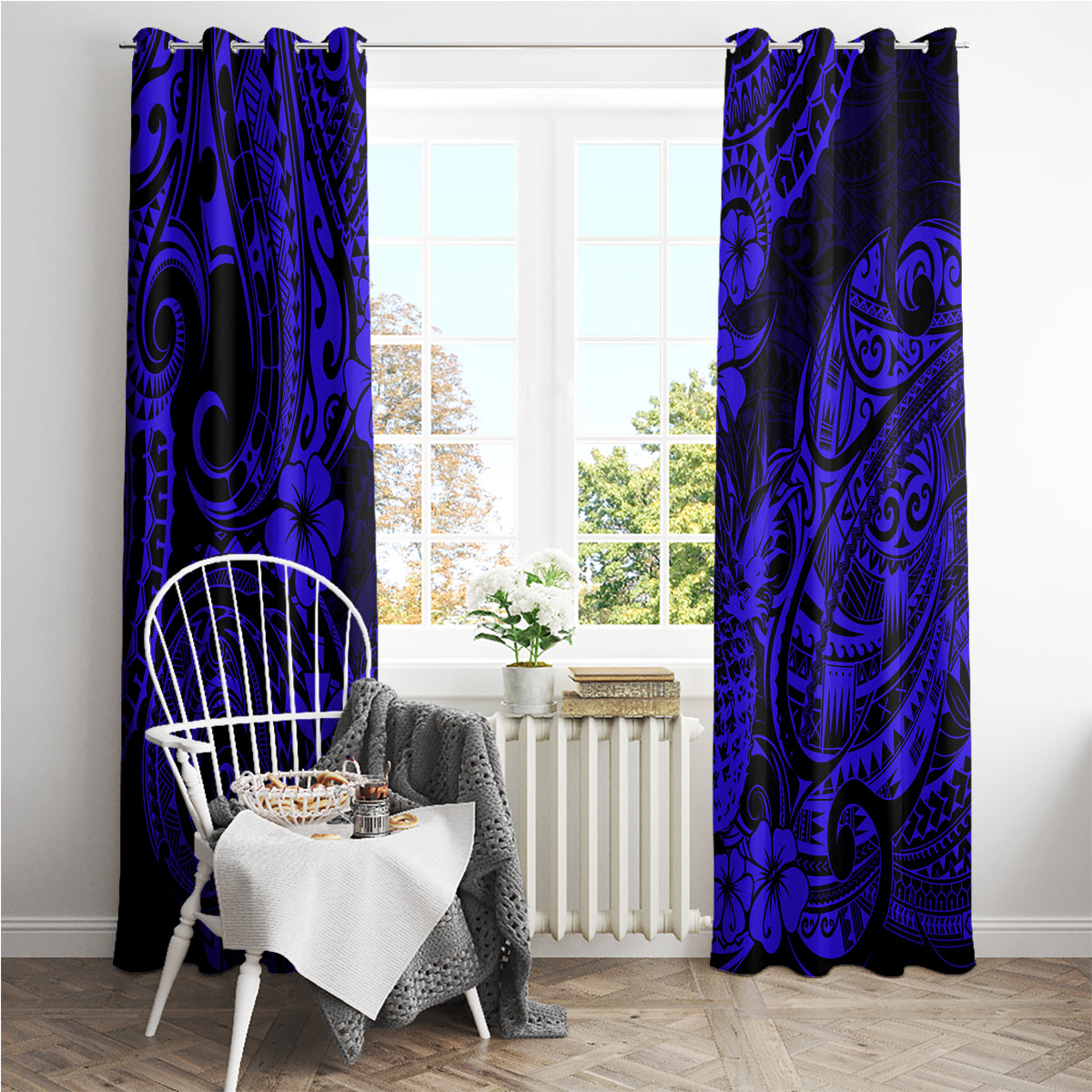 Hawaii Pineapple Window Curtain Paradise Flowers Pacific With Navy Blue Polynesian Tribal - Wonder Print Shop