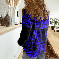 Hawaii Pineapple Women Casual Shirt Paradise Flowers Pacific With Navy Blue Polynesian Tribal - Wonder Print Shop