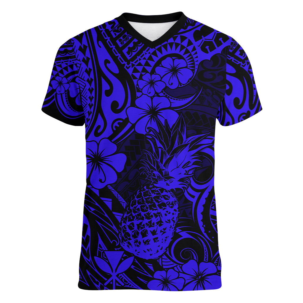 Hawaii Pineapple Women V Neck T Shirt Paradise Flowers Pacific With Navy Blue Polynesian Tribal - Wonder Print Shop