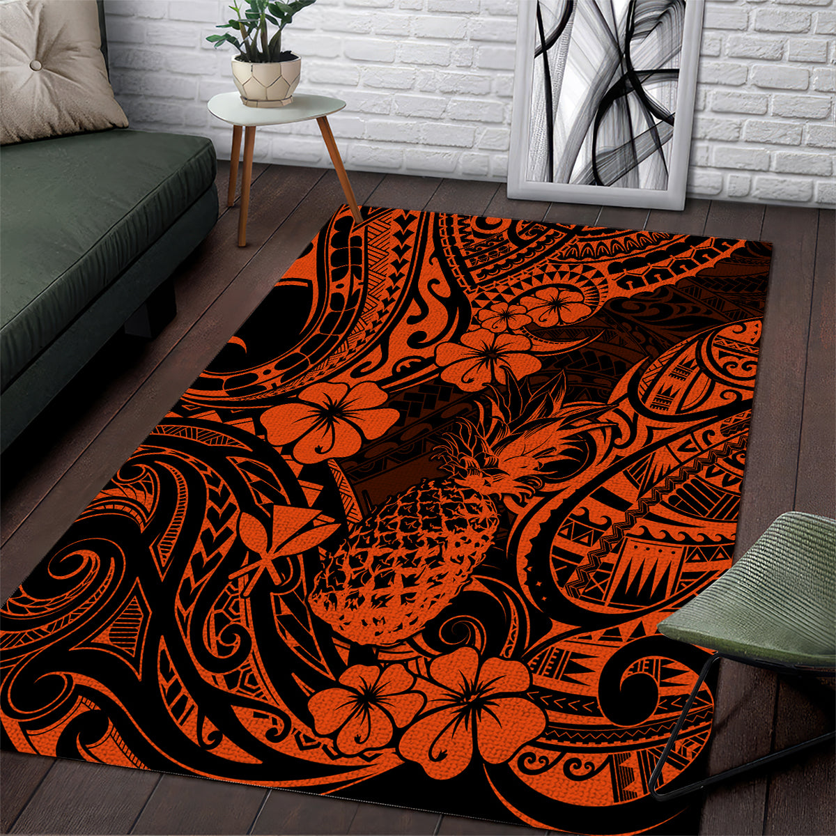 Hawaii Pineapple Area Rug Paradise Flowers Pacific With Orange Polynesian Tribal - Wonder Print Shop