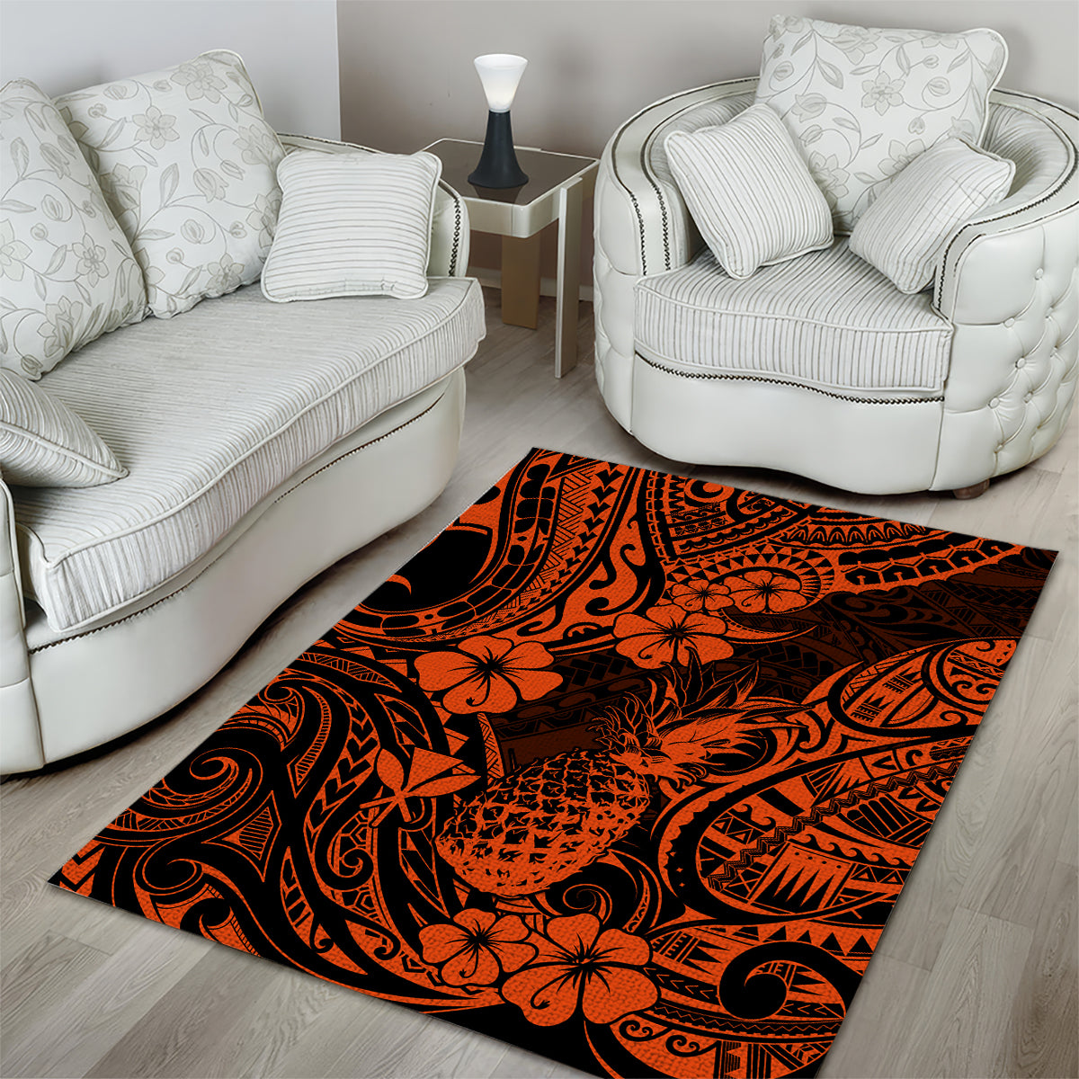 Hawaii Pineapple Area Rug Paradise Flowers Pacific With Orange Polynesian Tribal - Wonder Print Shop
