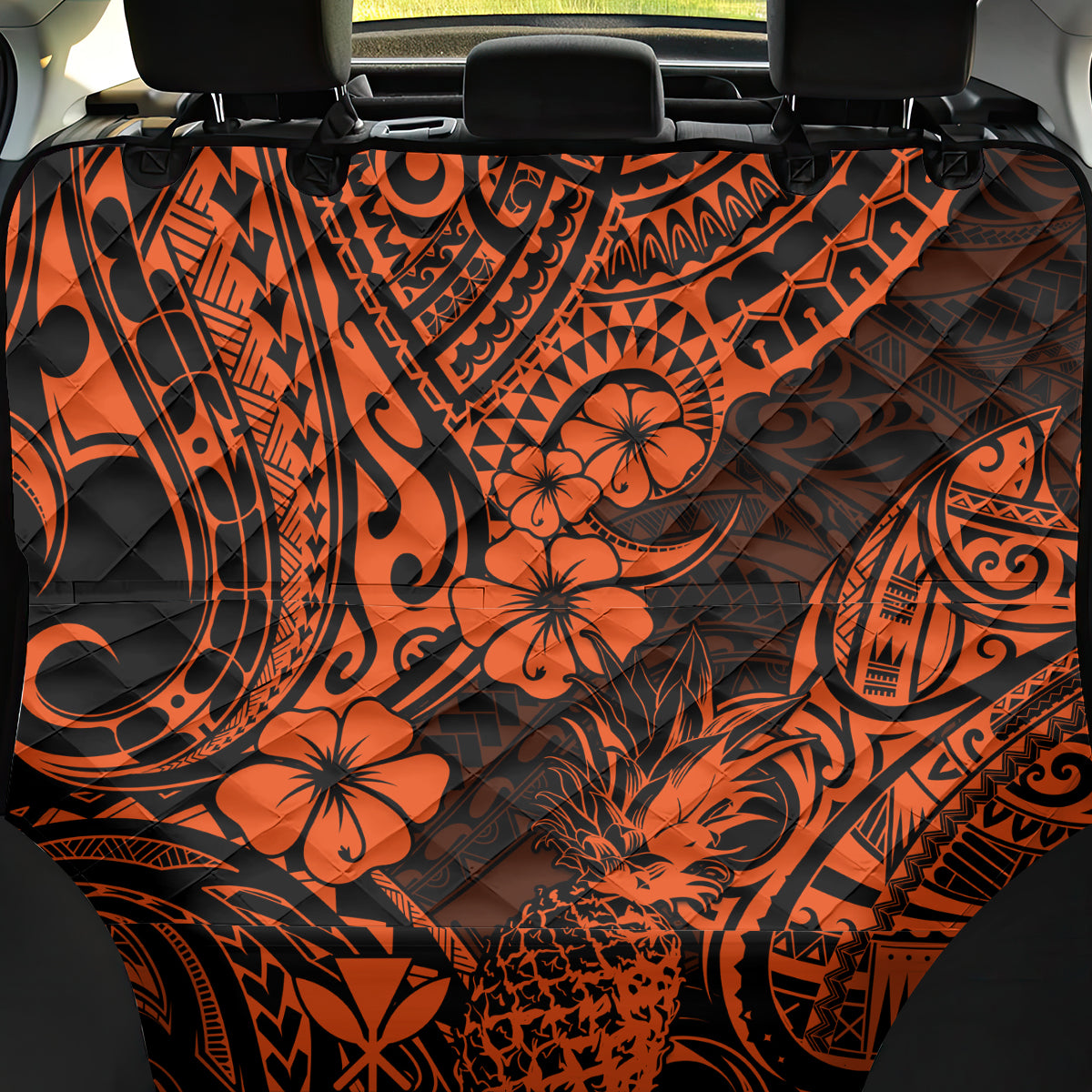 Hawaii Pineapple Back Car Seat Cover Paradise Flowers Pacific With Orange Polynesian Tribal - Wonder Print Shop