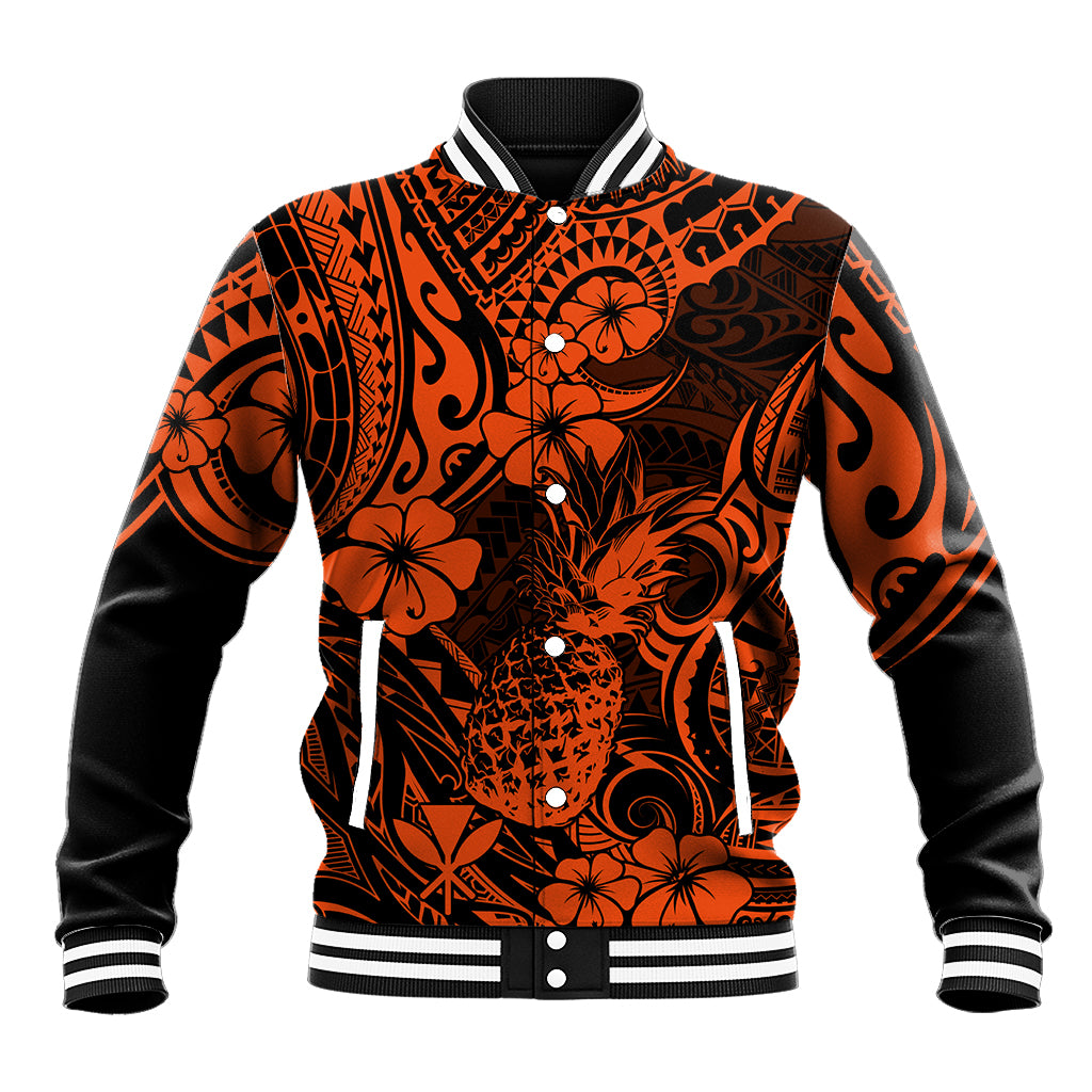 Hawaii Pineapple Baseball Jacket Paradise Flowers Pacific With Orange Polynesian Tribal - Wonder Print Shop