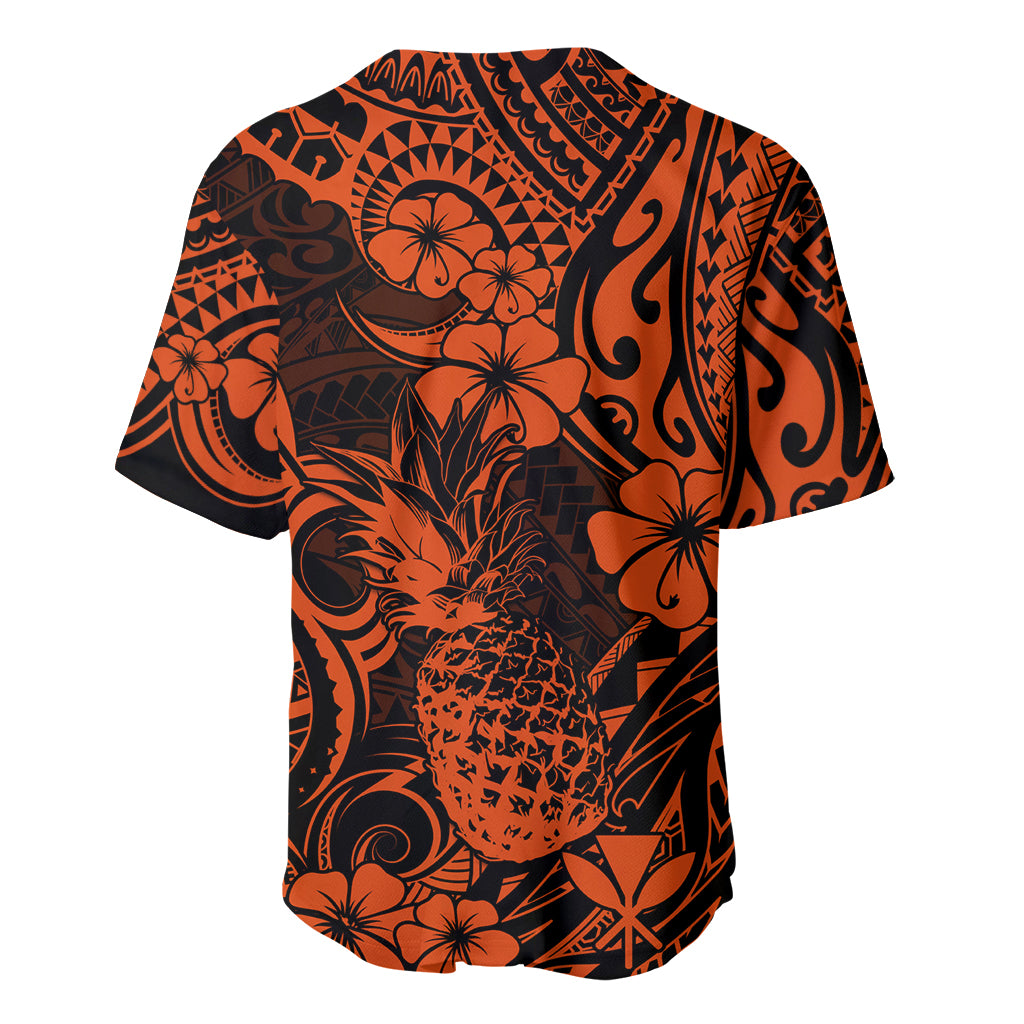 Hawaii Pineapple Baseball Jersey Paradise Flowers Pacific With Orange Polynesian Tribal - Wonder Print Shop