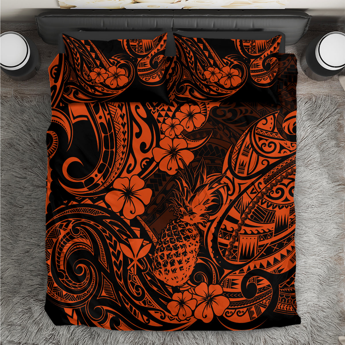 Hawaii Pineapple Bedding Set Paradise Flowers Pacific With Orange Polynesian Tribal - Wonder Print Shop