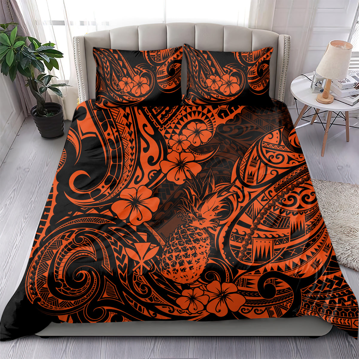 Hawaii Pineapple Bedding Set Paradise Flowers Pacific With Orange Polynesian Tribal - Wonder Print Shop