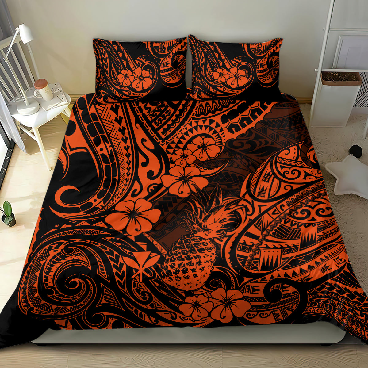 Hawaii Pineapple Bedding Set Paradise Flowers Pacific With Orange Polynesian Tribal - Wonder Print Shop