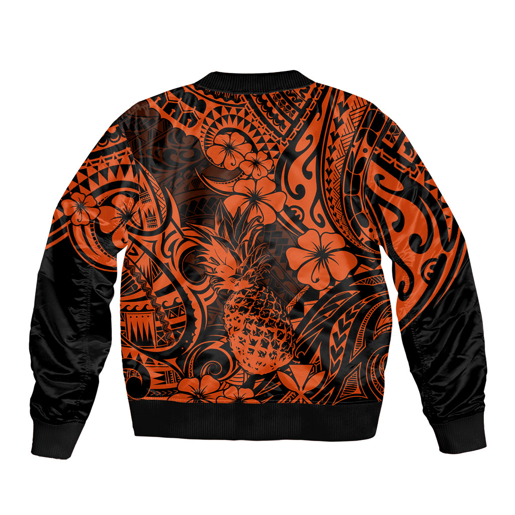 Hawaii Pineapple Bomber Jacket Paradise Flowers Pacific With Orange Polynesian Tribal - Wonder Print Shop