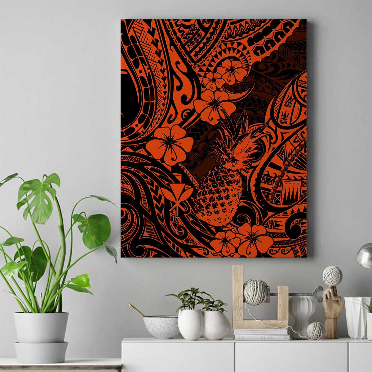 Hawaii Pineapple Canvas Wall Art Paradise Flowers Pacific With Orange Polynesian Tribal - Wonder Print Shop