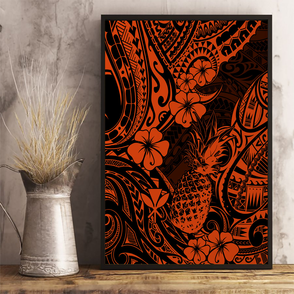 Hawaii Pineapple Canvas Wall Art Paradise Flowers Pacific With Orange Polynesian Tribal - Wonder Print Shop