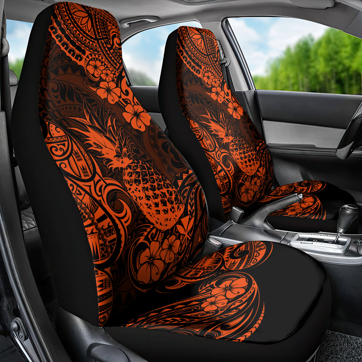 Hawaii Pineapple Car Seat Cover Paradise Flowers Pacific With Orange Polynesian Tribal - Wonder Print Shop