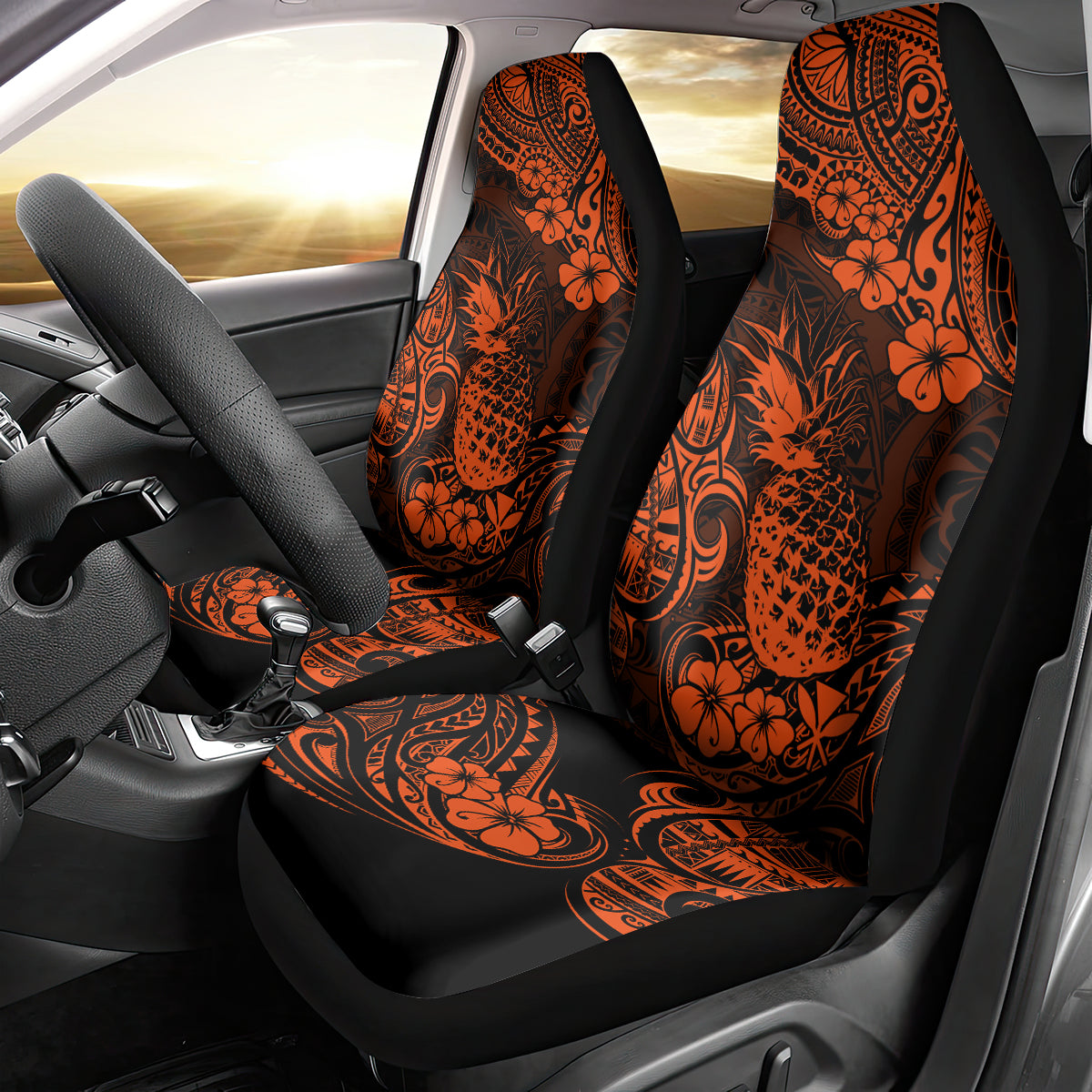 Hawaii Pineapple Car Seat Cover Paradise Flowers Pacific With Orange Polynesian Tribal - Wonder Print Shop