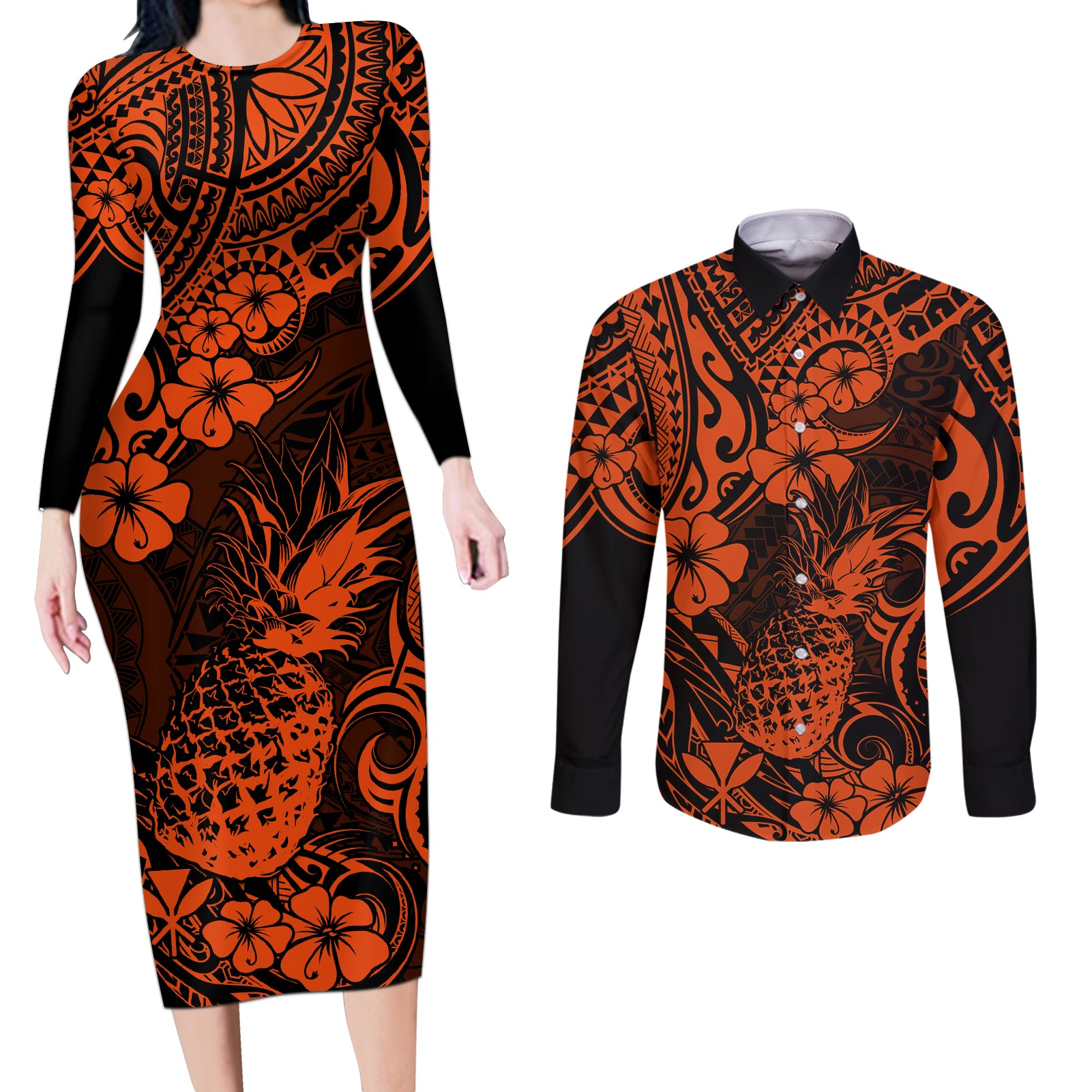 Hawaii Pineapple Couples Matching Long Sleeve Bodycon Dress and Long Sleeve Button Shirts Paradise Flowers Pacific With Orange Polynesian Tribal - Wonder Print Shop