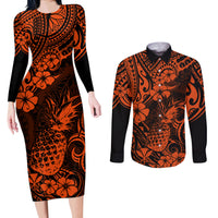 Hawaii Pineapple Couples Matching Long Sleeve Bodycon Dress and Long Sleeve Button Shirts Paradise Flowers Pacific With Orange Polynesian Tribal - Wonder Print Shop