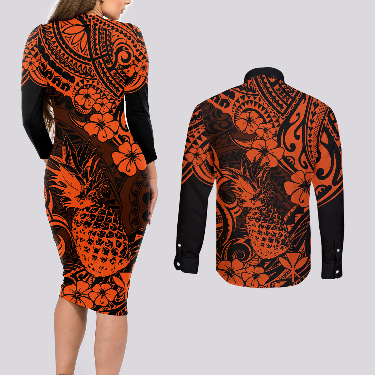 Hawaii Pineapple Couples Matching Long Sleeve Bodycon Dress and Long Sleeve Button Shirts Paradise Flowers Pacific With Orange Polynesian Tribal - Wonder Print Shop
