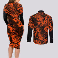 Hawaii Pineapple Couples Matching Long Sleeve Bodycon Dress and Long Sleeve Button Shirts Paradise Flowers Pacific With Orange Polynesian Tribal - Wonder Print Shop